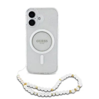 Guess, Ohišje za iPhone 16 MagSafe z bleš?icami in kablom, Prozorno