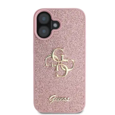 Guess, Ohišje za iPhone 16 Glitter s kovinskim logotipom, Roza