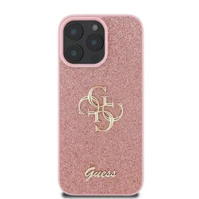 Guess, Ohišje za iPhone 16 Pro z bleš?icami in kovinskim logotipom, Roza