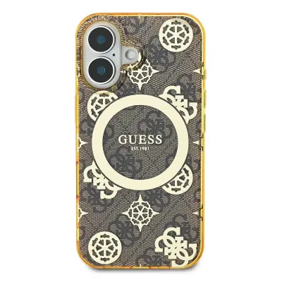 Guess, Hrbtni ovitek za iPhone 16 z vzorcem Peony 4G MagSafe, Rjava