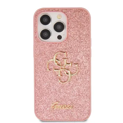 Guess, Ohišje za iPhone 15 Pro Glitter s kovinskim logotipom, Roza