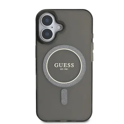 Guess, Ohišje za iPhone 16 MagSafe s krogom iz bleš?ic, ?rna