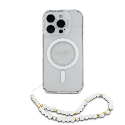 Guess, Ohišje za iPhone 16 Pro MagSafe z bleš?icami in vrvico, Prozorno