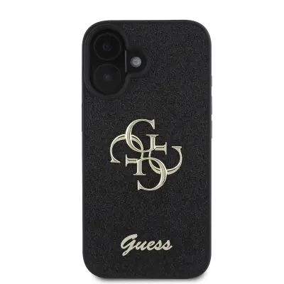 Guess, Ohišje za iPhone 16 Plus z bleš?icami in kovinskim logotipom, ?rna