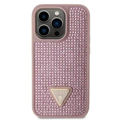 Guess, Zadnji pokrov za iPhone 15 Pro okrašen z drobnimi kamen?ki, Roza