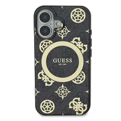 Guess, Hrbtni ovitek za iPhone 16 z vzorcem pivonke 4G MagSafe, ?rna