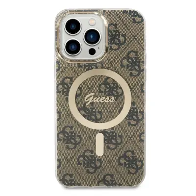 Guess, Hrbtni ovitek za iPhone 14 Pro Max z vzorcem 4G MagSafe, Rjava