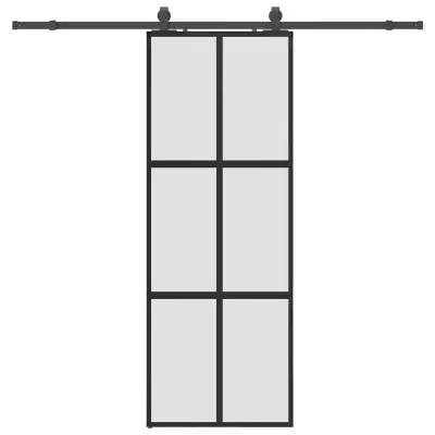 vidaXL Drsna vrata z opremo črna 76x205 cm kaljeno steklo