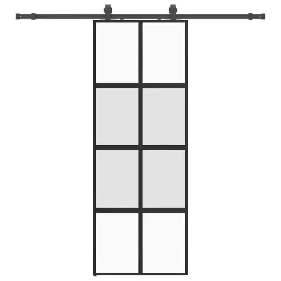 vidaXL Drsna vrata z opremo črna 76x205 cm kaljeno steklo
