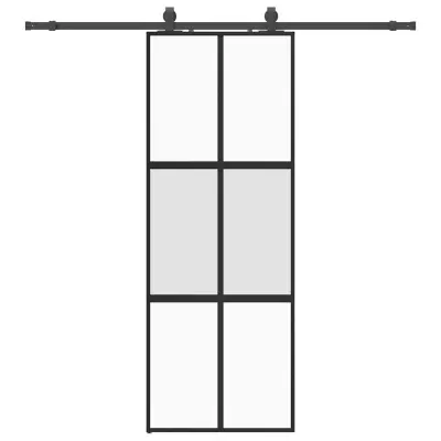 vidaXL Drsna vrata z opremo črna 76x205 cm kaljeno steklo