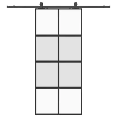 vidaXL Drsna vrata z opremo črna 90x205 cm kaljeno steklo