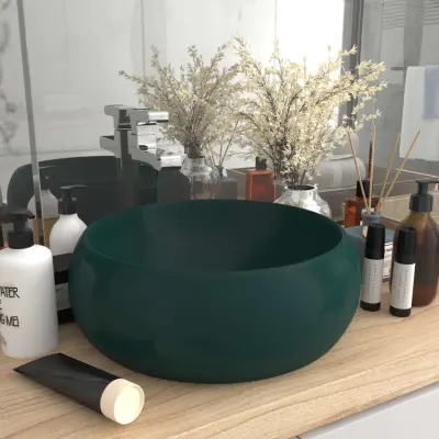 The Living Store Razkošen umivalnik okrogel mat temno zelen 40x15 cm keramičen - Razkošen Umivalnik