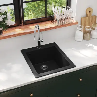 The Living Store Vgradno kuhinjsko korito enojno granit črne barve -