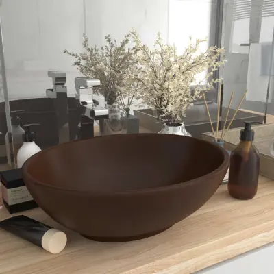 The Living Store Razkošen umivalnik ovalen mat temno rjav 40x33 cm keramičen - Razkošen Umivalnik