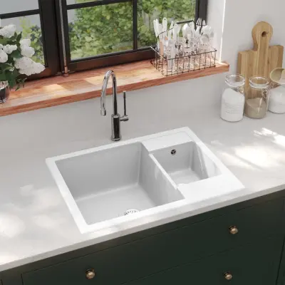 The Living Store Dvojno kuhinjsko pomivalno korito z luknjo bel granit - Kuhinjsko Korito