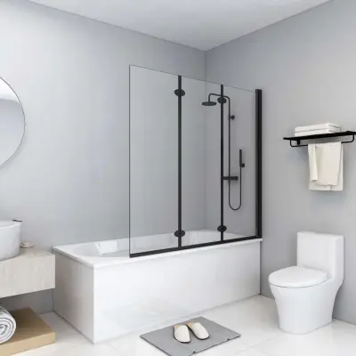The Living Store Zložljiva pregrada za tuš s 3 paneli ESG 130x138 cm črna - Pregrada Za Tuš