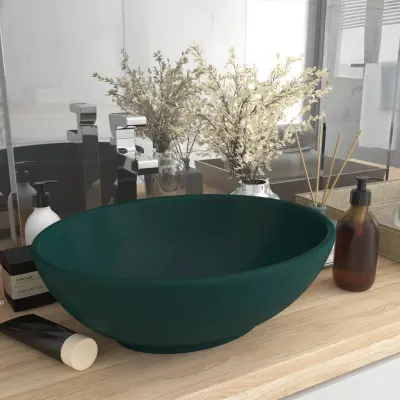 The Living Store Razkošen umivalnik ovalen mat temno zelen 40x33 cm keramičen - Razkošen Umivalnik