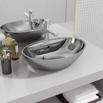 The Living Store Umivalnik z odprtino za odtekanje 58,5x39x21cm keramičen srebrn - Umivalnik