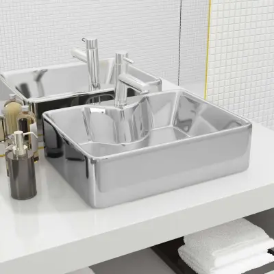 The Living Store Umivalnik z odprtino za pipo 48x37x13,5 cm keramičen srebrn - Umivalnik