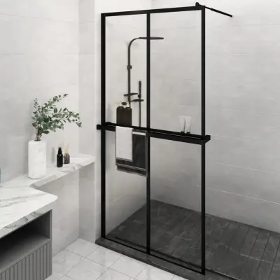 The Living Store Pregrada za tuš s polico črna 118x190 cm ESG steklo in aluminij - Stena Za Tuš