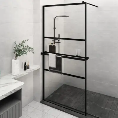 The Living Store Pregrada za tuš s polico črna 115x195 cm ESG steklo in aluminij - Stena Za Tuš