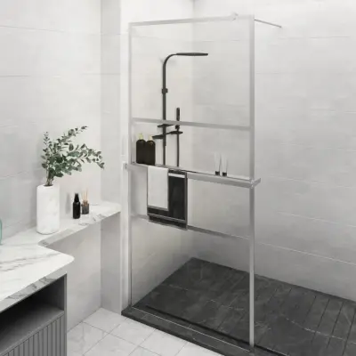The Living Store Pregrada za tuš s polico krom 100x195 cm ESG steklo in aluminij - Stena Za Tuš