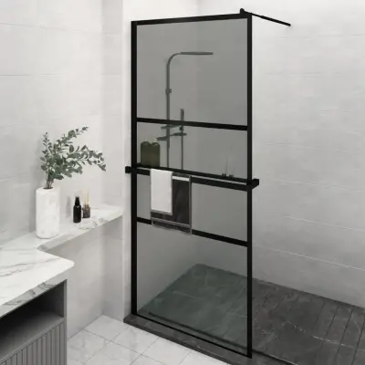 The Living Store Pregrada za tuš s polico črna 100x195 cm ESG steklo in aluminij - Stena Za Tuš