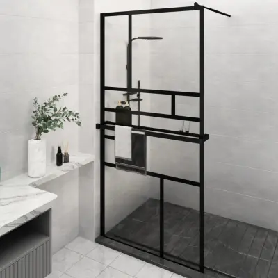 The Living Store Pregrada za tuš s polico črna 115x195 cm ESG steklo in aluminij - Stena Za Tuš
