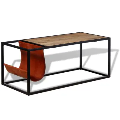 Klubska mizica - kavna mizica - Nizka mizica z držalom za revije iz pravega usnja 110x50x45cm