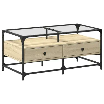 Klubska mizica - kavna mizica - Nizka mizica s steklom sonoma hrast 98,5x50x45 cm jeklo