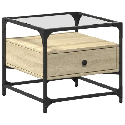 Klubska mizica - kavna mizica - Nizka mizica s steklom sonoma hrast 50x50x45 cm jeklo