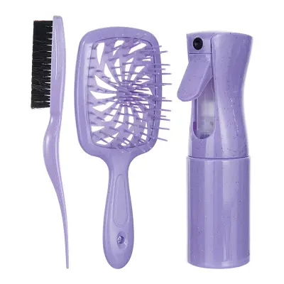 Komplet krtač za lase s 3 kosi: krtača za razvozlavanje, krtača z blazino in razpršilka Purple