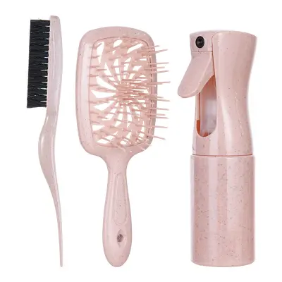 Komplet krtač za lase s 3 kosi: krtača za razvozlavanje, krtača z blazino in razpršilka Pink