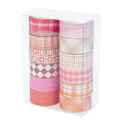 Komplet 12 trakov washi s črtami in karo vzorcem Pink