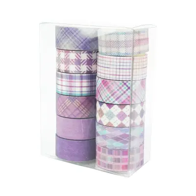 Komplet 12 trakov washi s črtami in karo vzorcem Purple