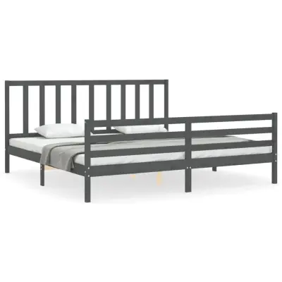 Posteljni okvir - Dvoposteljna postelja - Zakonska postelja z vzglavjem siv 200x200 cm trden les-J6075