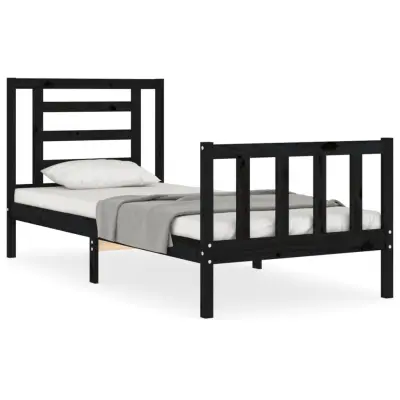 Posteljni okvir - Enojna postelja - Postelja za odrasle 75x190 cm z vzglavjem črn trden les-J16084