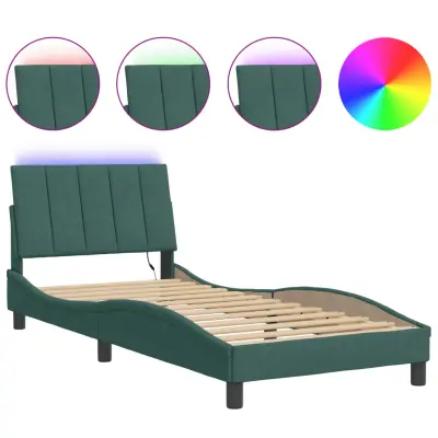 Posteljni okvir - Enojna postelja - Postelja za odrasle z LED lučkami temno zelen 90x200 cm žamet-J9245