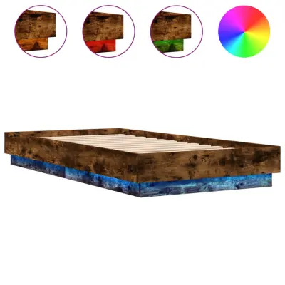 Posteljni okvir - Enojna postelja - Postelja za odrasle z LED lučkami dimljeni hrast 90x190 cm-J9225