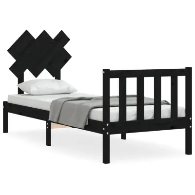 Posteljni okvir - Enojna postelja - Postelja za odrasle 75x190 cm z vzglavjem črn trden les-J16042