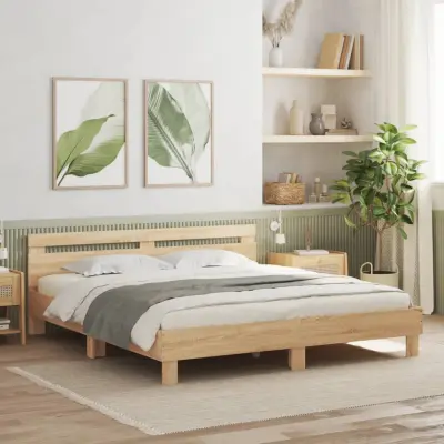 Posteljni okvir - Dvoposteljna postelja - Zakonska postelja z vzglavjem sonoma hrast 160x200 cm inž. les-J6119