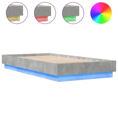 Posteljni okvir - Enojna postelja - Postelja za odrasle z LED lučkami betonsko siv 75x190 cm-J15516