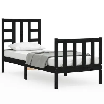 Posteljni okvir - Enojna postelja - Postelja za odrasle 75x190 cm z vzglavjem črn trden les-J16065