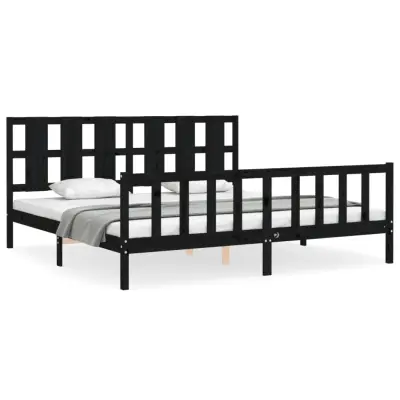 Posteljni okvir - Dvoposteljna postelja - Zakonska postelja z vzglavjem črn 200x200 cm trden les-J5867