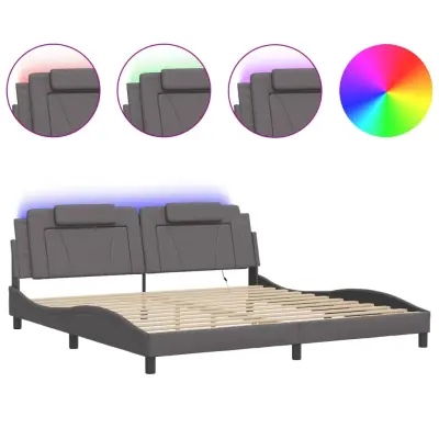 Posteljni okvir - Dvoposteljna postelja - Zakonska postelja z LED lučkami siv 200x200 cm umetno usnje-J5672