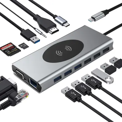 Večfunkcijski adapter tipa C 15-v-1 s HDMI, VGA, Ethernet, USB C PD