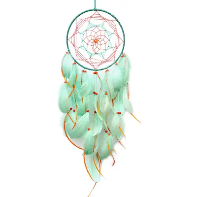 Boho stenska dekoracija iz perja, stenska dekoracija za spalnico green+orange