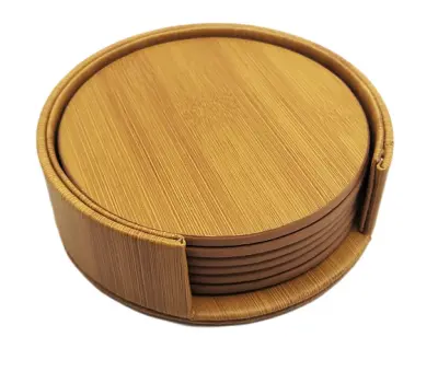 Okrogli podstavki iz PU usnja z držalom, 6 pak Brown