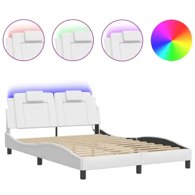 vidaXL Posteljni okvir z LED lučkami bel 140x200 cm umetno usnje