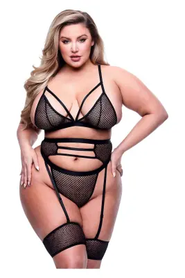 3PC STRAPPY BRA, GARTER & PANTY SET ČRNA, KRALJICA